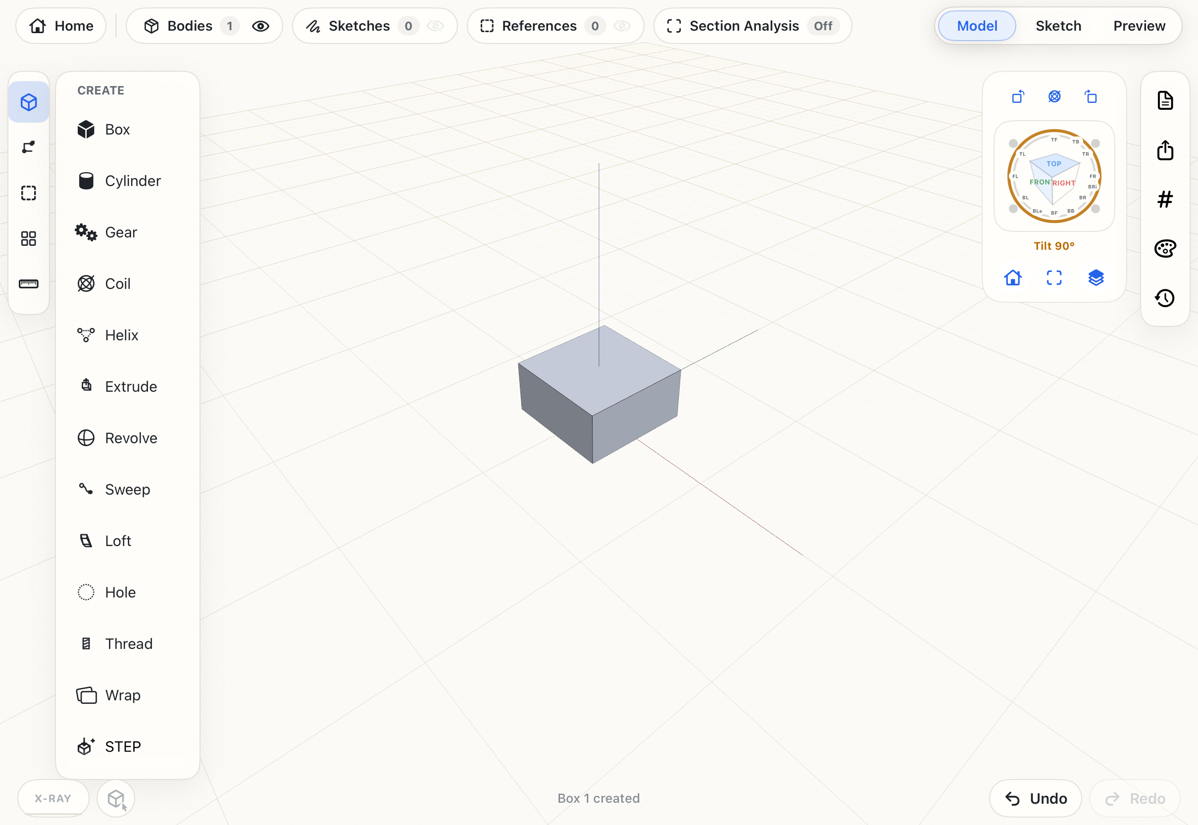 MakerSolid Model view showing the tool rail, a box body, navigation controls, and view cube.