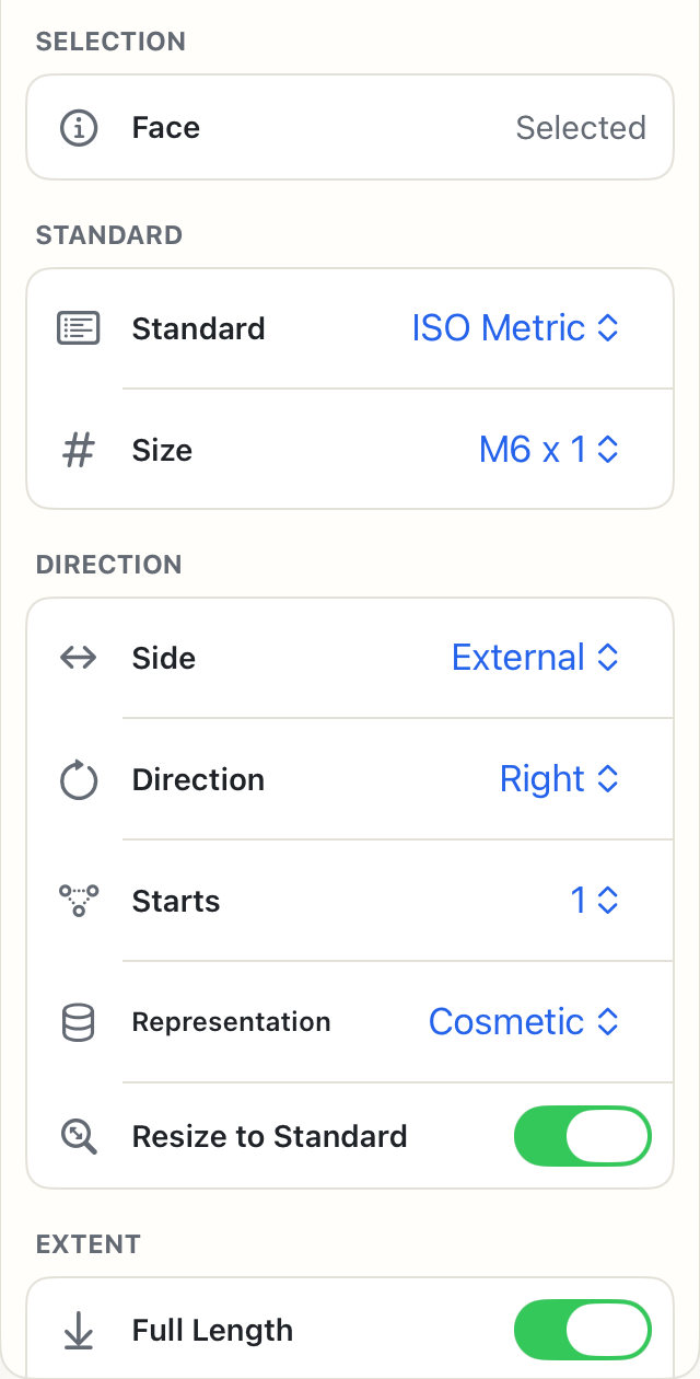 Catalog thread controls for standard, size, side, direction, representation, and diameter resizing.