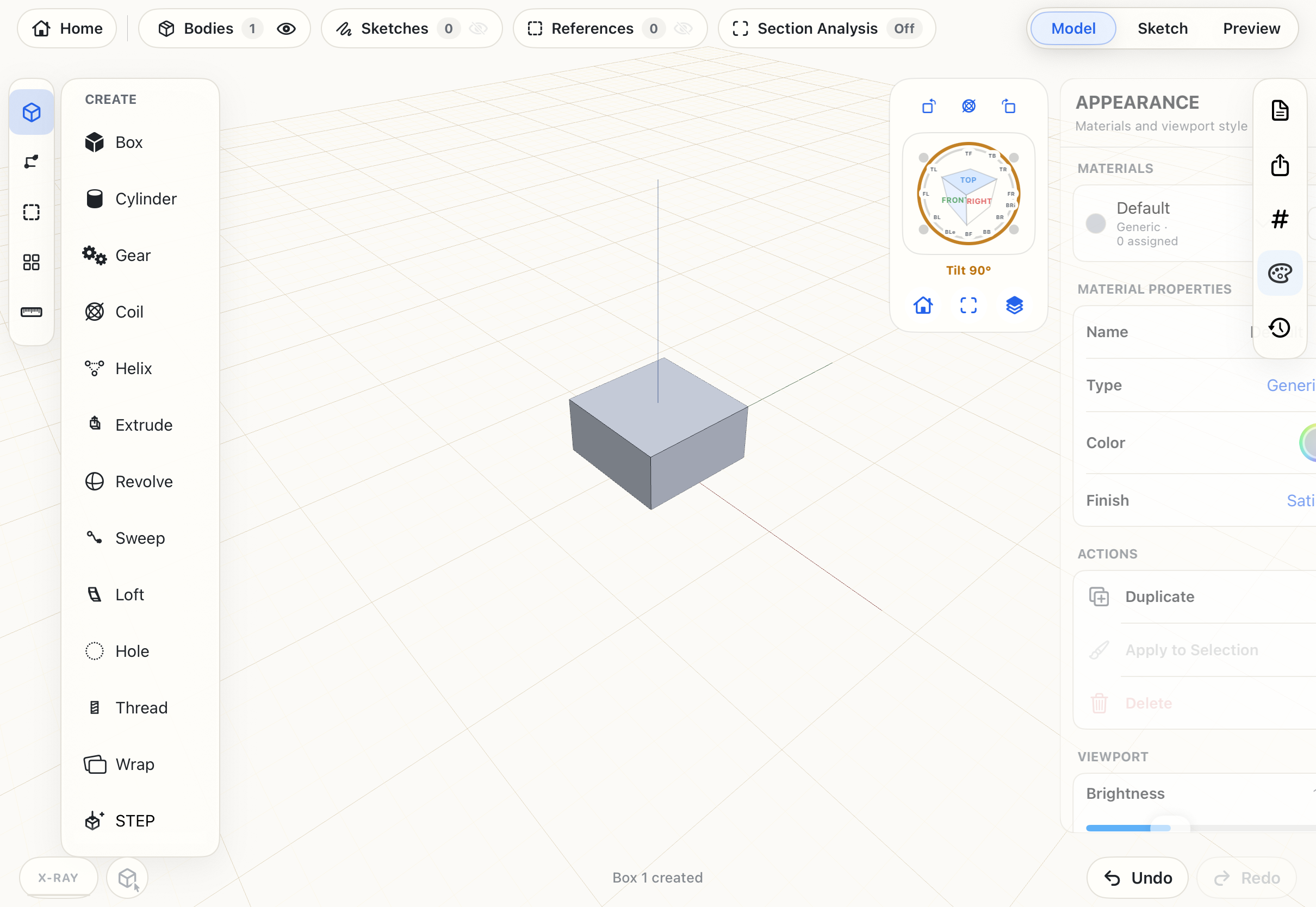 The Appearance pane open beside a box body in Model view.