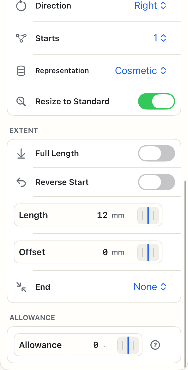 Partial thread extent, reverse start, axial length, offset, end treatment, and print clearance controls.