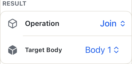 History Result uses labeled Operation and Target Body rows; this saved Extrude is being changed to Join with Body 1.