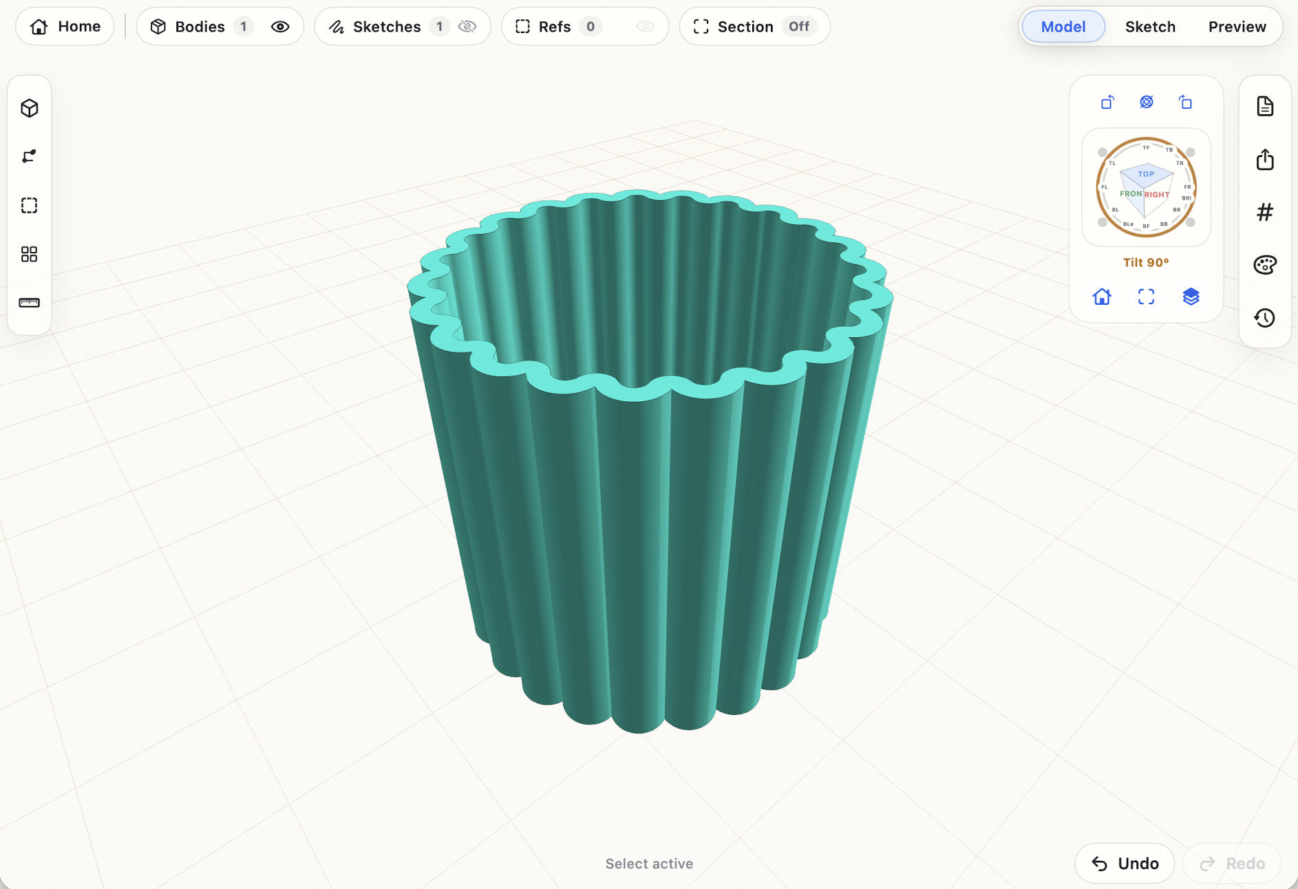 MakerSolid CAD interface showing a fluted 3D model on a workspace grid.